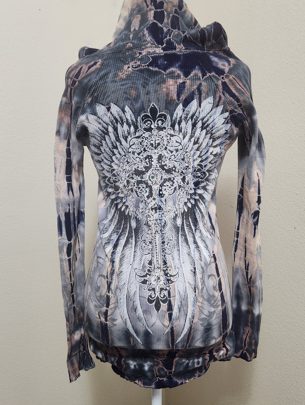 Vtg Y2K VOCAL Womens SM TIE DYE ANGEL WINGS HOODIE THERMAL GOTH GRUNGE PUNK ROCK